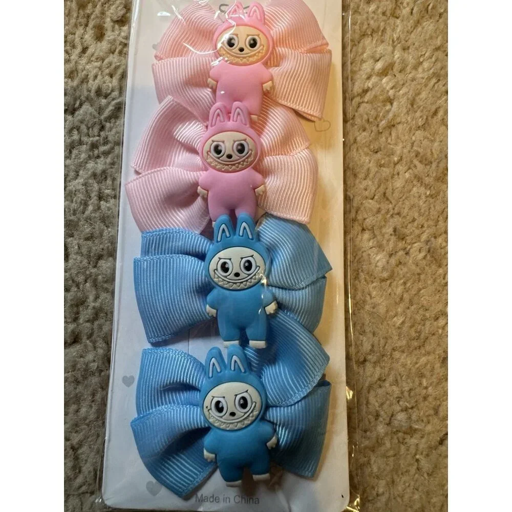 Monster Fashion Colorful Pink Blue Hair Bow Cute Pink Hair Clip for Girls 4 PC